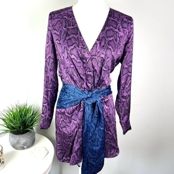 Delfi Mini Dress Jac Tie Snakeskin Print  XS Long Sleeve V-Neck Tie Waist Satin - Picture 3 of 13